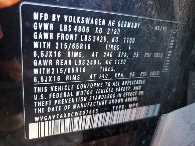 WVGAV7AX8CW607643 - 2012 VOLKSWAGEN TIGUAN S BLACK photo 13