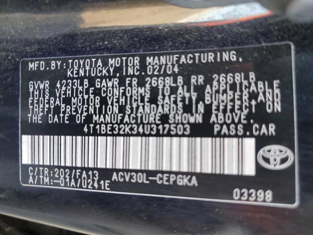 4T1BE32K34U317503 - 2004 TOYOTA CAMRY LE BLACK photo 12