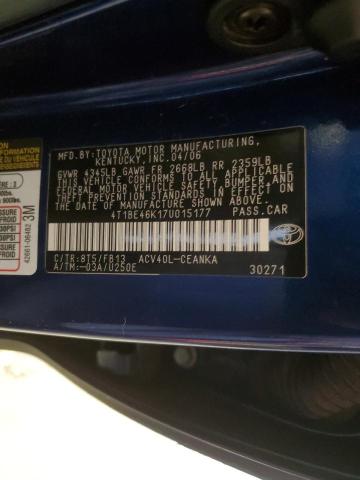 4T1BE46K17U015177 - 2007 TOYOTA CAMRY CE BLUE photo 12