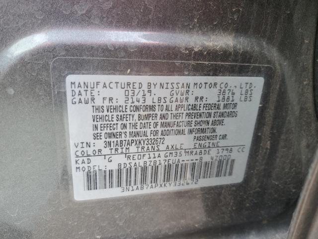 3N1AB7APXKY332672 - 2019 NISSAN SENTRA S GRAY photo 13