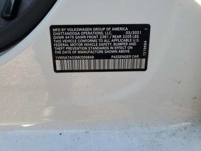 1VWSA7A33MC009848 - 2021 VOLKSWAGEN PASSAT SE WHITE photo 12