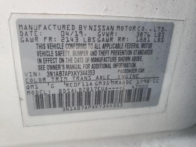 3N1AB7APXKY344353 - 2019 NISSAN SENTRA S Weiß Foto 12