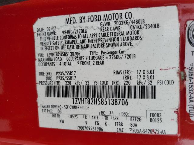 1ZVHT82H585138706 - 2008 FORD MUSTANG GT RED photo 12