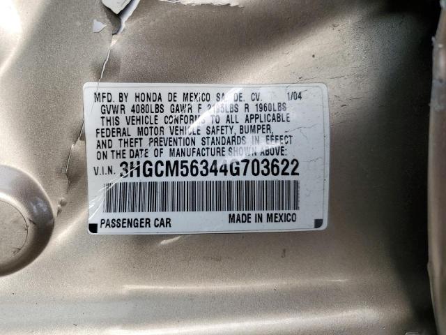 3HGCM56344G703622 - 2004 HONDA ACCORD LX GOLD photo 12