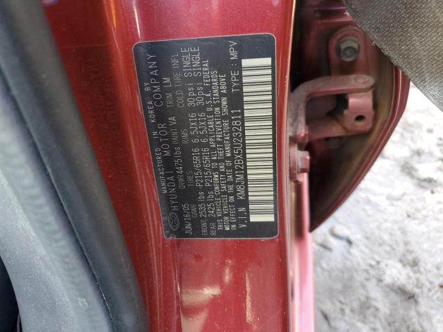 KM8JM12BX5U232811 - 2005 HYUNDAI TUCSON GL BURGUNDY photo 12