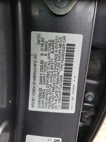 1HGCV1F17LA132029 - 2020 HONDA ACCORD LX GRAY photo 12