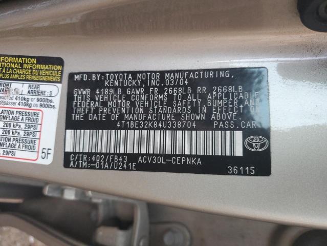 4T1BE32K84U338704 - 2004 TOYOTA CAMRY LE GOLD photo 12