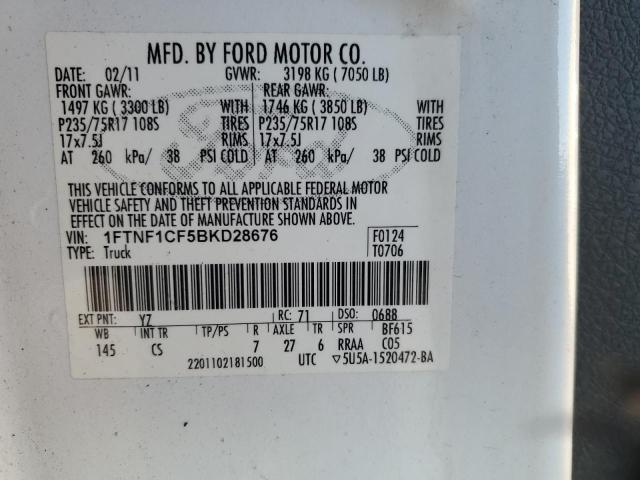 1FTNF1CF5BKD28676 - 2011 FORD F150 WHITE photo 12