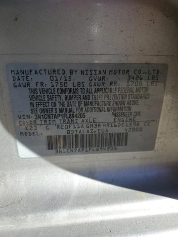 3N1CN7AP1FL894205 - 2015 NISSAN VERSA S SILVER photo 12