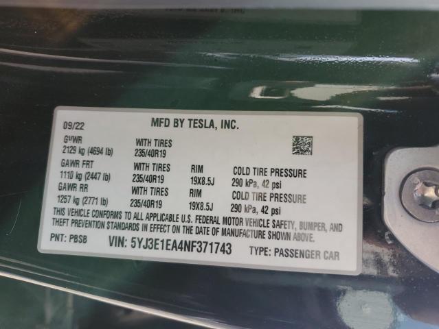 5YJ3E1EA4NF371743 - 2022 TESLA MODEL 3 黑色 照片 13