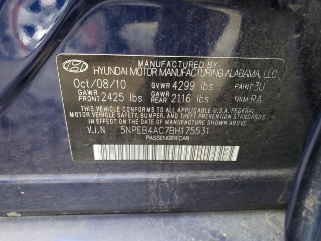 5NPEB4AC7BH175531 - 2011 HYUNDAI SONATA GLS BLUE photo 12