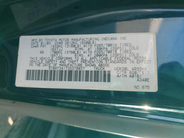 5TBRT34173S378037 - 2003 TOYOTA TUNDRA ACCESS CAB SR5 BLUE photo 12