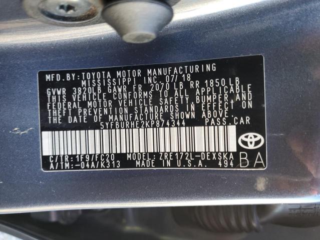 5YFBURHE2KP874344 - 2019 TOYOTA COROLLA L CHARCOAL photo 12