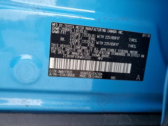 2T3H1RFV2KW043597 - 2019 TOYOTA RAV4 LE BLUE photo 12