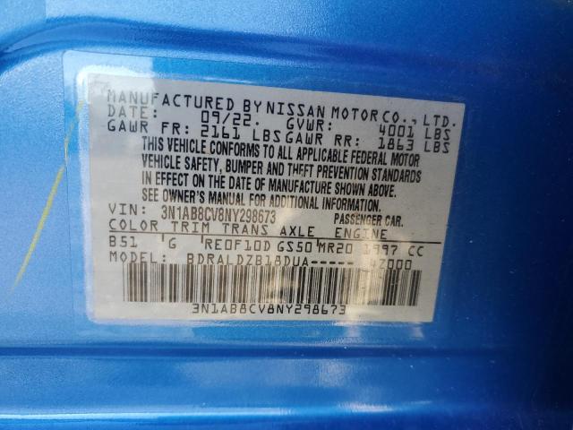 3N1AB8CV8NY298673 - 2022 NISSAN SENTRA SV BLUE photo 12