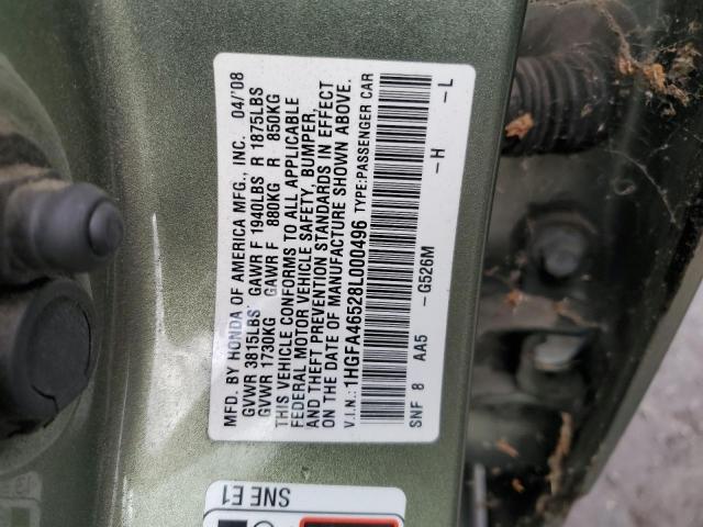 1HGFA46528L000496 - 2008 HONDA CIVIC GX GREEN photo 12