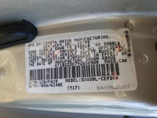 4T1BG22K7YU658980 - 2000 TOYOTA CAMRY CE SILVER photo 12