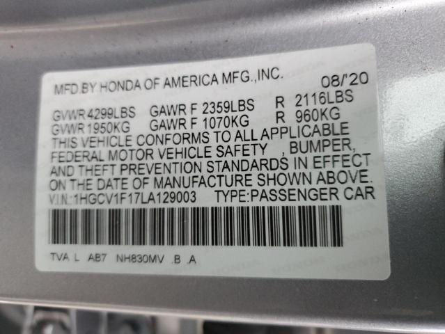 1HGCV1F17LA129003 - 2020 HONDA ACCORD LX GRAY photo 13