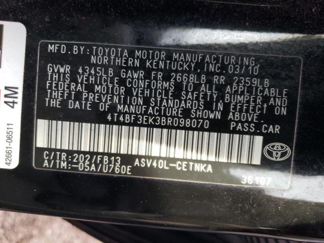 4T4BF3EK3BR098070 - 2011 TOYOTA CAMRY BASE BLACK photo 12