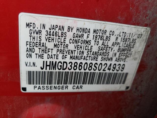 JHMGD38608S024939 - 2008 HONDA FIT SPORT RED photo 12