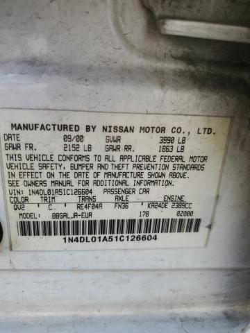 1N4DL01A51C126604 - 2001 NISSAN ALTIMA GXE WHITE photo 12