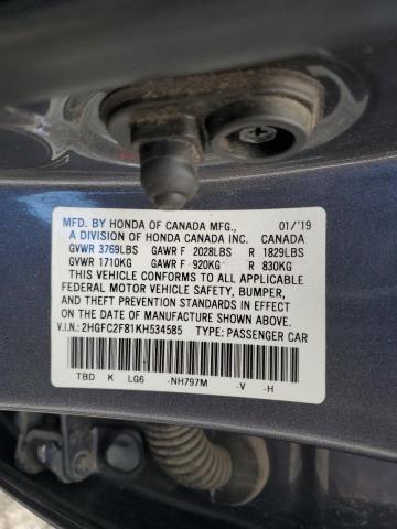 2HGFC2F81KH534585 - 2019 HONDA CIVIC SPORT GRAY photo 12