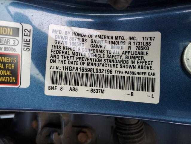 1HGFA16598L032196 - 2008 HONDA CIVIC LX BLUE photo 12