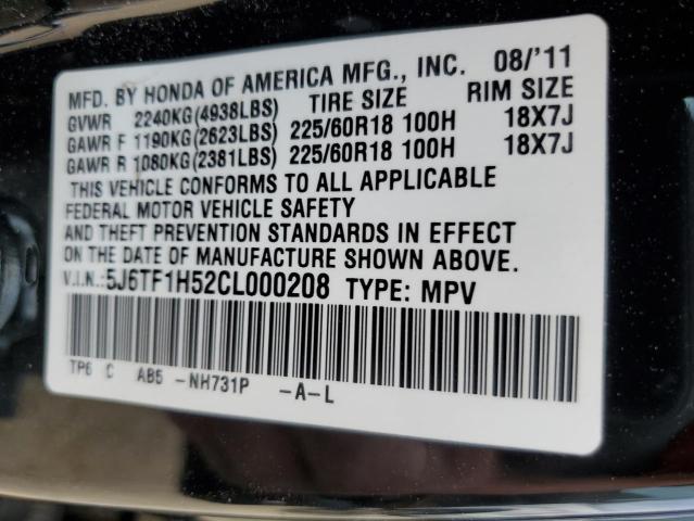 5J6TF1H52CL000208 - 2012 HONDA CROSSTOUR EXL BLACK photo 12