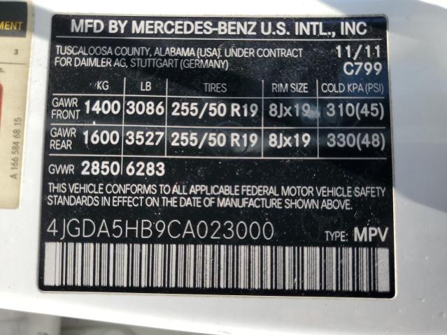 4JGDA5HB9CA023000 - 2012 MERCEDES-BENZ ML 350 4MATIC WHITE photo 13