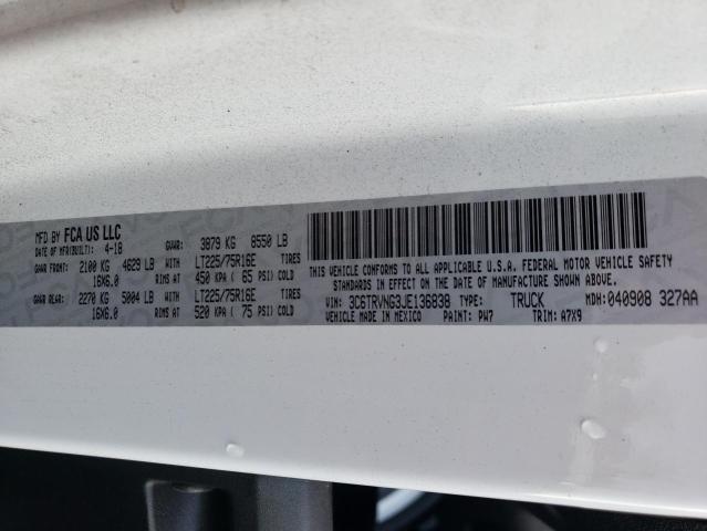 3C6TRVNG3JE136838 - 2018 RAM PROMASTER 1500 STANDARD Սպիտակ լուսանկար 13