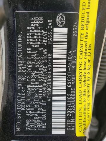 4T1BK3DB8BU407748 - 2011 TOYOTA AVALON BASE 黑色 照片 12