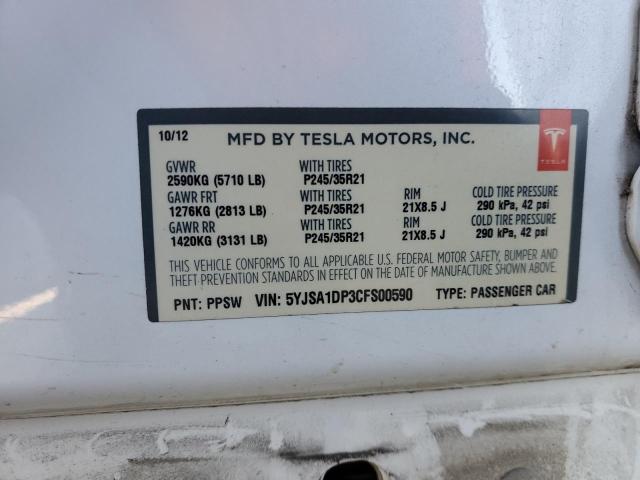 5YJSA1DP3CFS00590 - 2012 TESLA MODEL S WHITE photo 12