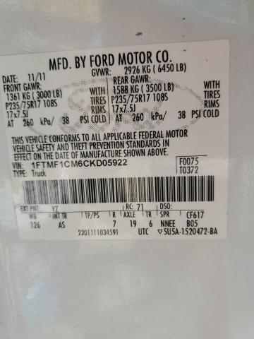 1FTMF1CM6CKD05922 - 2012 FORD F150 WHITE photo 12