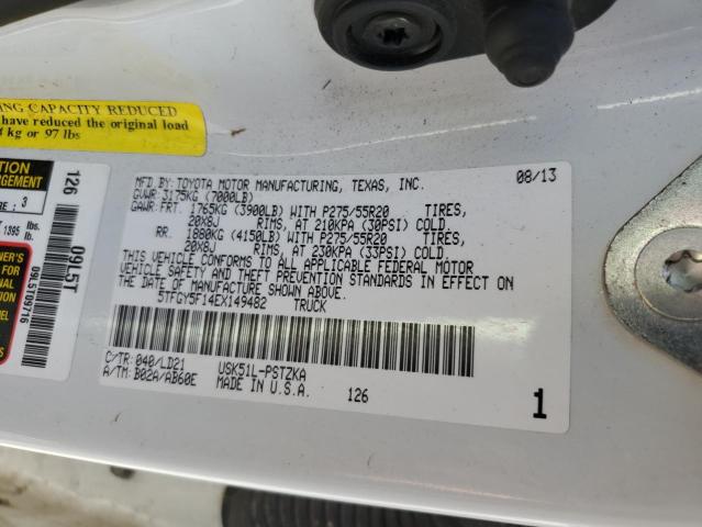 5TFGY5F14EX149482 - 2014 TOYOTA TUNDRA CREWMAX PLATINUM თეთრი ფოტო 12