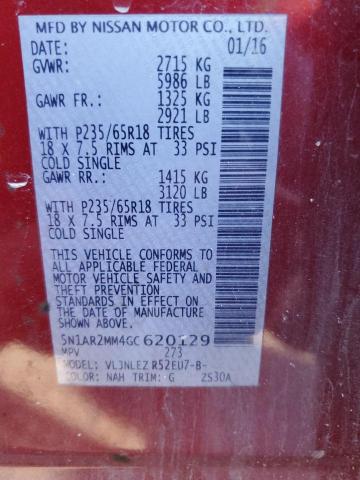 5N1AR2MM4GC620129 - 2016 NISSAN PATHFINDER S 红色 照片 13