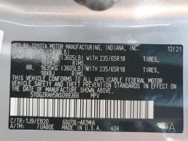 5TDGZRAH5NS099366 - 2022 TOYOTA HIGHLANDER XLE SILVER photo 14