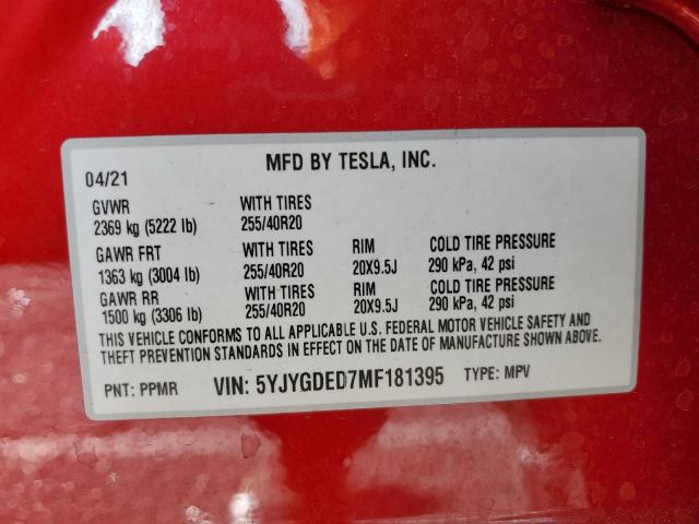 5YJYGDED7MF181395 - 2021 TESLA MODEL Y RED photo 13