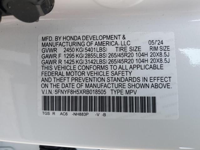 5FNYF8H5XRB018505 - 2024 HONDA PASSPORT EXL WHITE photo 13