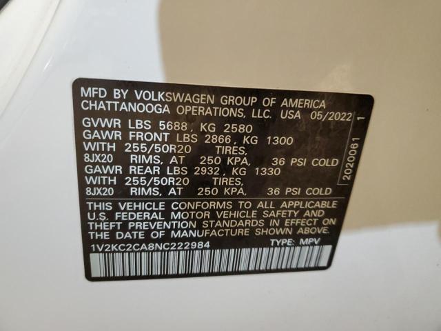 1V2KC2CA8NC222984 - 2022 VOLKSWAGEN ATLAS CROS SE WHITE photo 12
