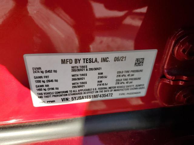 5YJSA1E51MF435472 - 2021 TESLA MODEL S RED photo 12