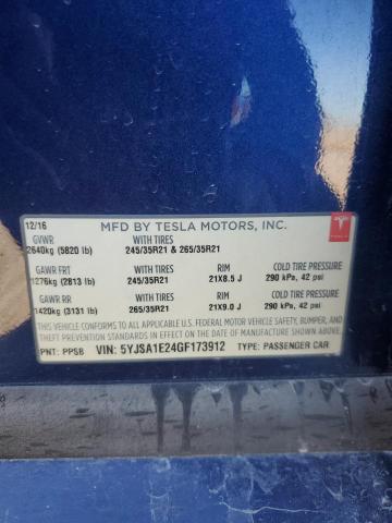 5YJSA1E24GF173912 - 2016 TESLA MODEL S BLUE photo 12