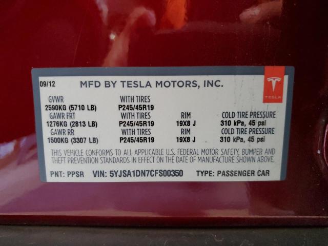 5YJSA1DN7CFS00350 - 2012 TESLA MODEL S BURGUNDY photo 12