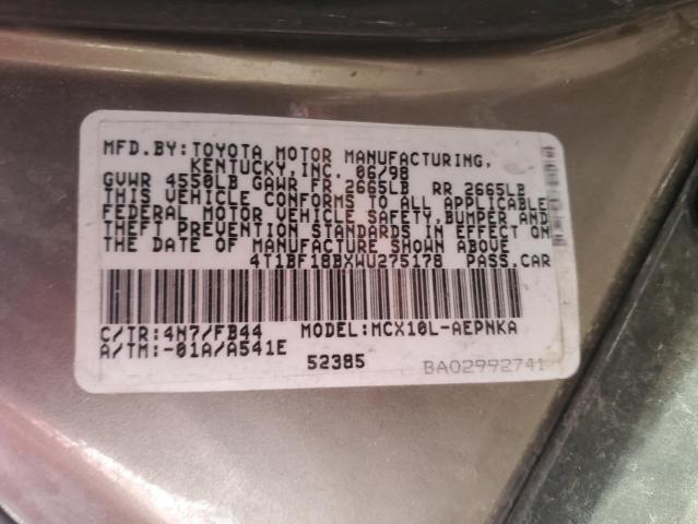 4T1BF18BXWU275178 - 1998 TOYOTA AVALON XL GRAY photo 12