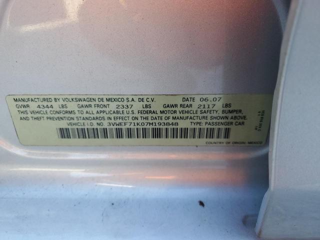 3VWEF71K07M193848 - 2007 VOLKSWAGEN JETTA WOLFSBURG 银色 照片 12