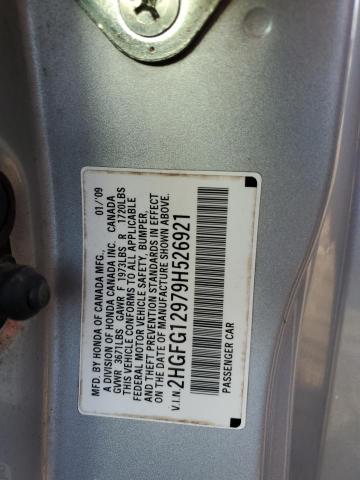 2HGFG12979H526921 - 2009 HONDA CIVIC EXL ვერცხლისფერი ფოტო 12