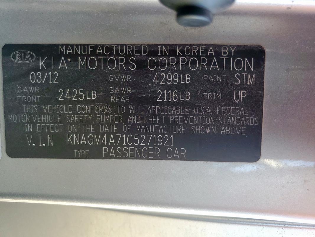 KNAGM4A71C5271921 - 2012 KIA OPTIMA LX SILVER photo 12