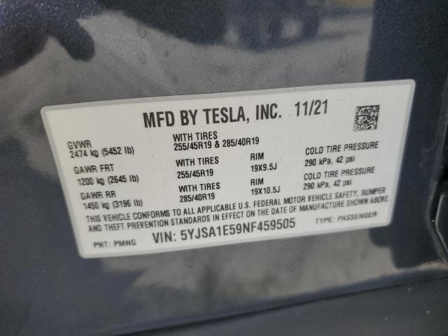 5YJSA1E59NF459505 - 2022 TESLA MODEL S GRAY photo 12
