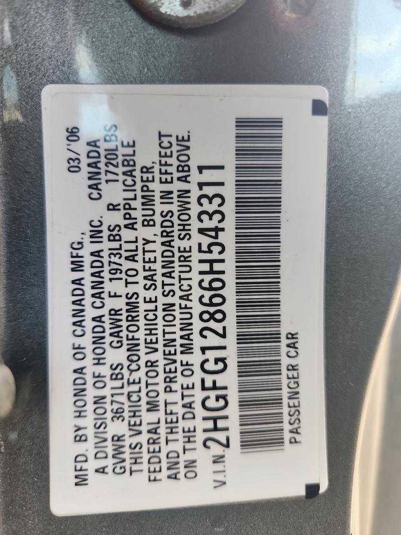 2HGFG12866H543311 - 2006 HONDA CIVIC EX 灰色 照片 12