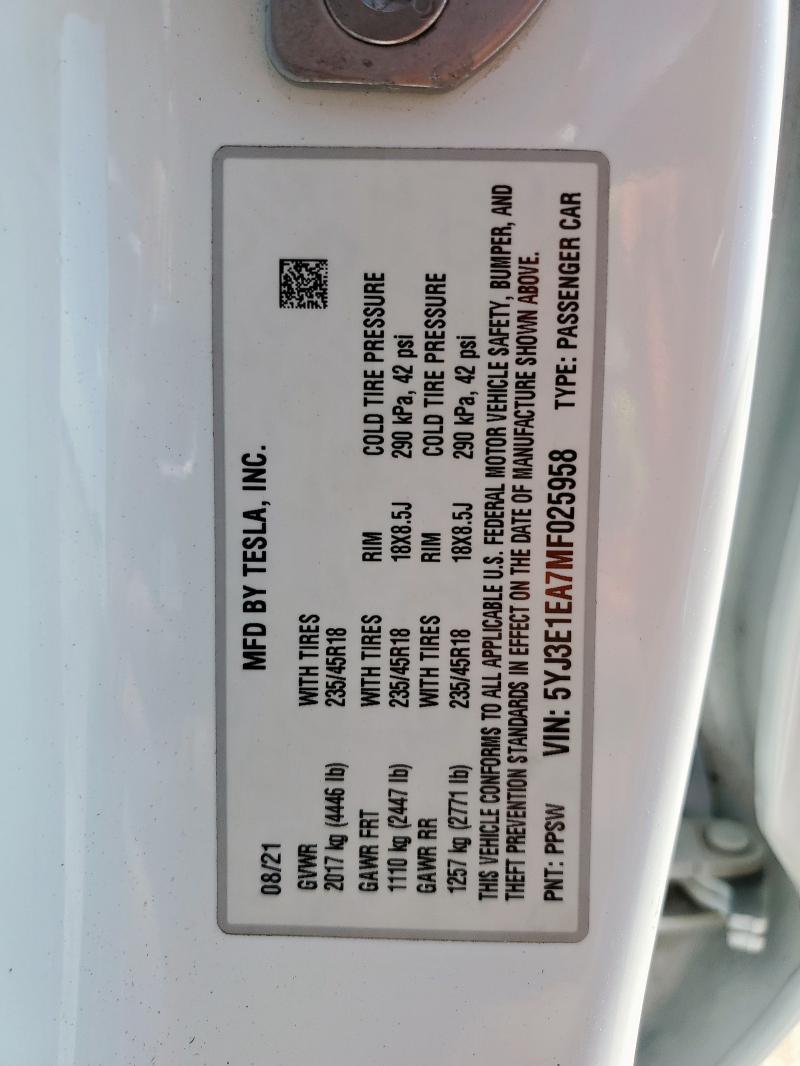 5YJ3E1EA7MF025958 - 2021 TESLA MODEL 3 თეთრი ფოტო 12