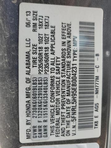 5FNRL5H95EB004231 - 2014 HONDA ODYSSEY TOURING GRAY photo 13